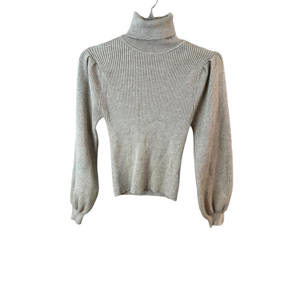Anthropologie Industry Neutral Ribbed Turtleneck Puffed Sleeves Sweater M